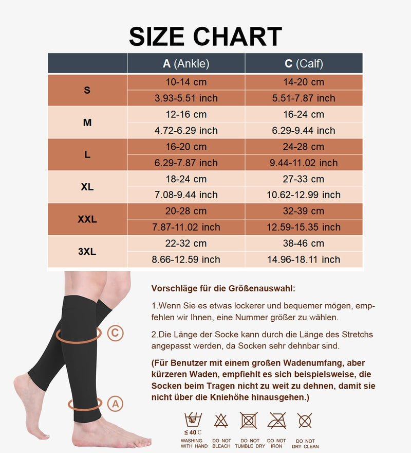 [Australia] - 2 pairs of calf medical compression stockings for women and men, 20-30 mmHg, class 2, calf support, graduated support, support stockings for varicose veins, edema, flight sports, 3XL, black and beige 