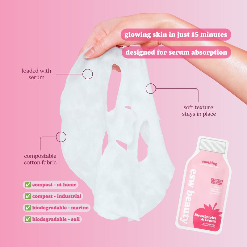 ESW Beauty Strawberries & Cream Soothing Face Mask, Korean Skin Care 1 Pack | Calming Face Mask with Strawberry, Coconut, Hyaluronic Acid, Centella & Vitamins C & E for Hydrating Skin, Skincare for Women 1 Mask