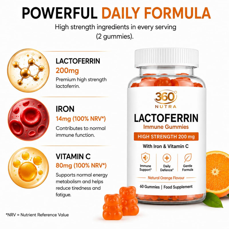 Lactoferrin Gummies 200mg – High Strength Chewable Lactoferrin – with Iron & Vitamin C – No Tablets – Orange Flavour – 60 Gummies (30 Day Supply) – Adults UK