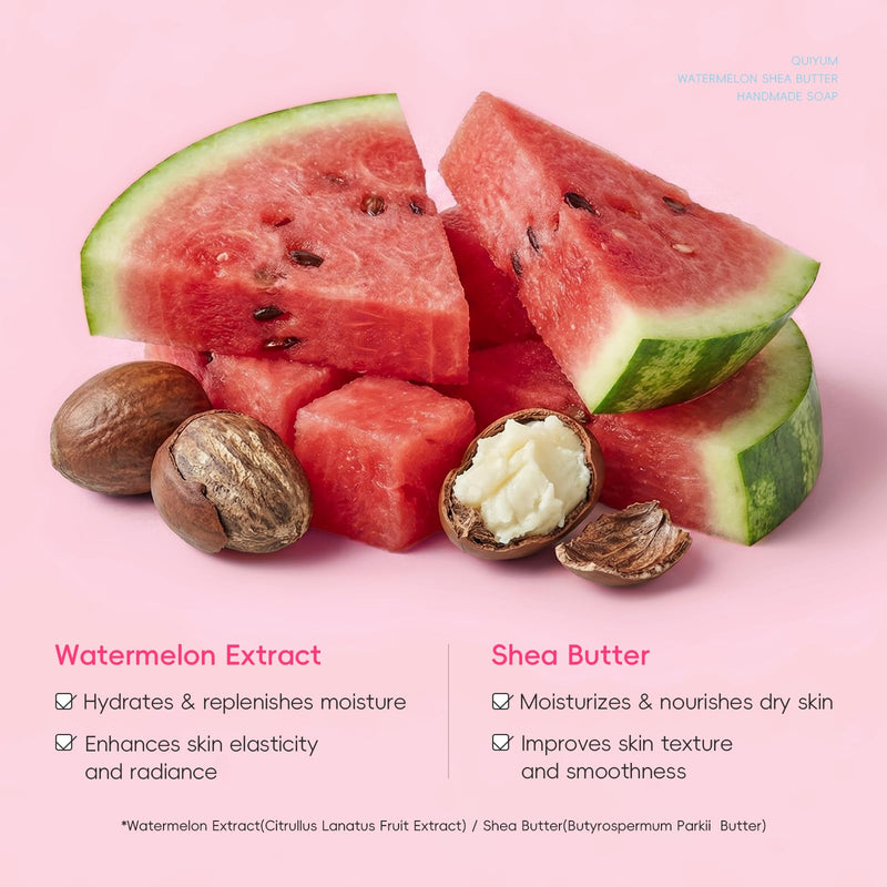 QUIYUM Watermelon Shea Butter Handmade Soap, 3-in-1 Face & Body Bar Soap | Niacinamide, Vitamin E & Jojoba Oil, Hydrating and Glowing Daily Cleanser for All Skin Types, Refreshing Fruity Scent