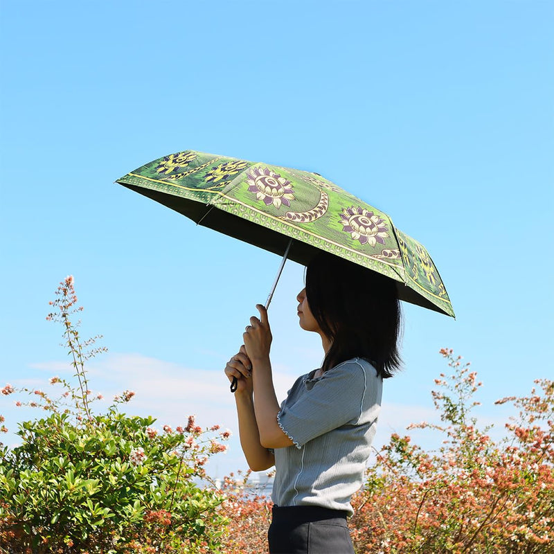 African Print Foldable Umbrella – Protea Design | UV Protection 99% | Compact & Lightweight | Sun & Rain Umbrella | Asian-Inspired Green Pattern