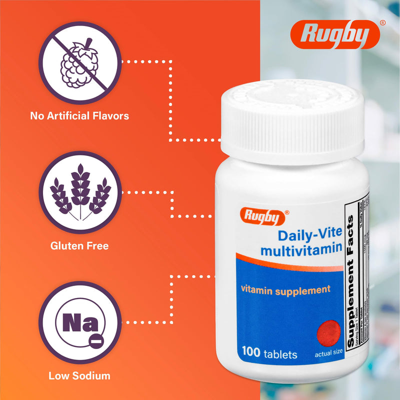 Rugby Daily-Vite Multivitamin for Adults, 100 Tablets (2-Pack) | Gluten-Free Dietary Supplement with Vitamin A, C, D and Thiamin 100 Count (Pack of 2)