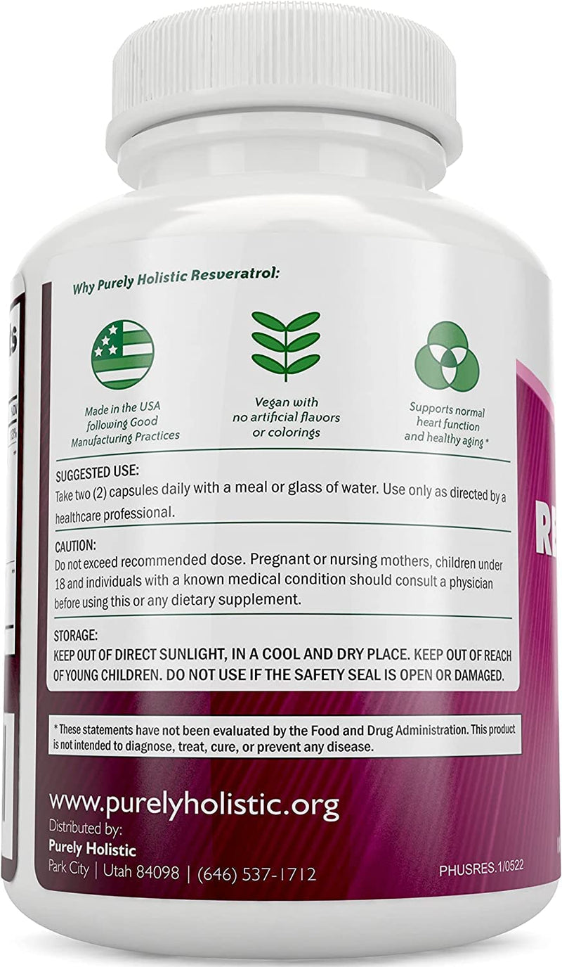 [Australia] - Purely Holistic Resveratrol 1450mg, 90 Servings, Trans-Resveratrol Antioxidant Supplement with Vitamin C and Polyphenol Complex, 180 Vegan Capsules, Promotes Anti Aging & Cardiovascular Health 