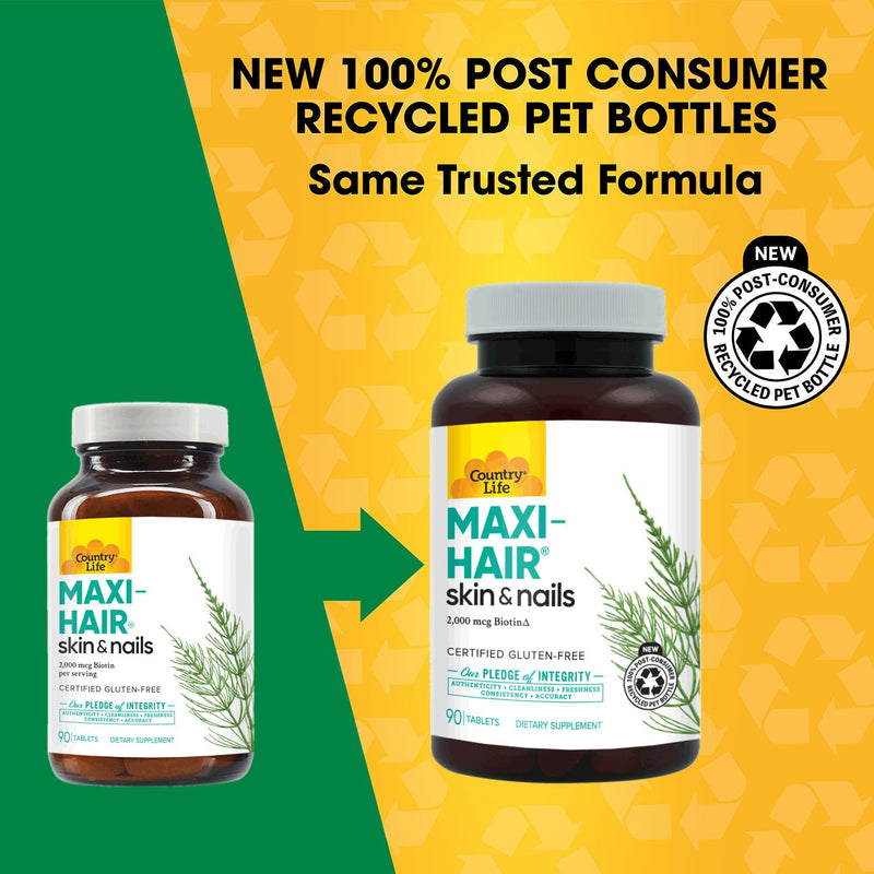 Country Life Maxi-Hair 2,000 mcg Biotin, Hair Skin Nails, 90 Tablets | 2,000 mcg biotin plus vitamins, minerals and Maxi Blend supports healthy hair, skin and nails. Unflavored 90 Count (Pack of 1)
