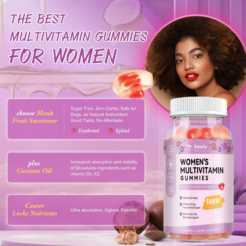 Totaria Sugar Free Multivitamin Gummies for Women 14+ w/Inositol, Iron, Folate, Biotin, Womens Daily Multivitamin Gummy w/Vitamin A, D, C, B, Support Hair, Skin, Energy, Immune, Strawberry Flavor 60 Count (Pack of 2)