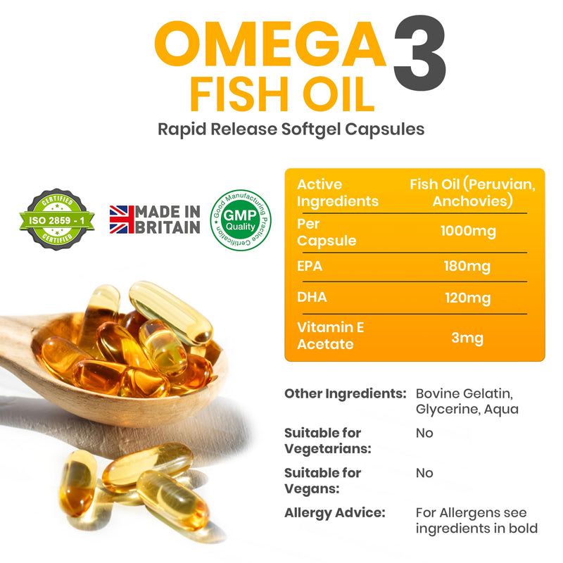 Omega 3 Fish Oil 1000mg, Pack of 60 Soft Gel Capsules (2 Months Supply), Double Strength 180mg EPA and 120mg DHA, Supports Eye, Heart & Brain Health for Men & Women - UK Made 60 count (Pack of 1)