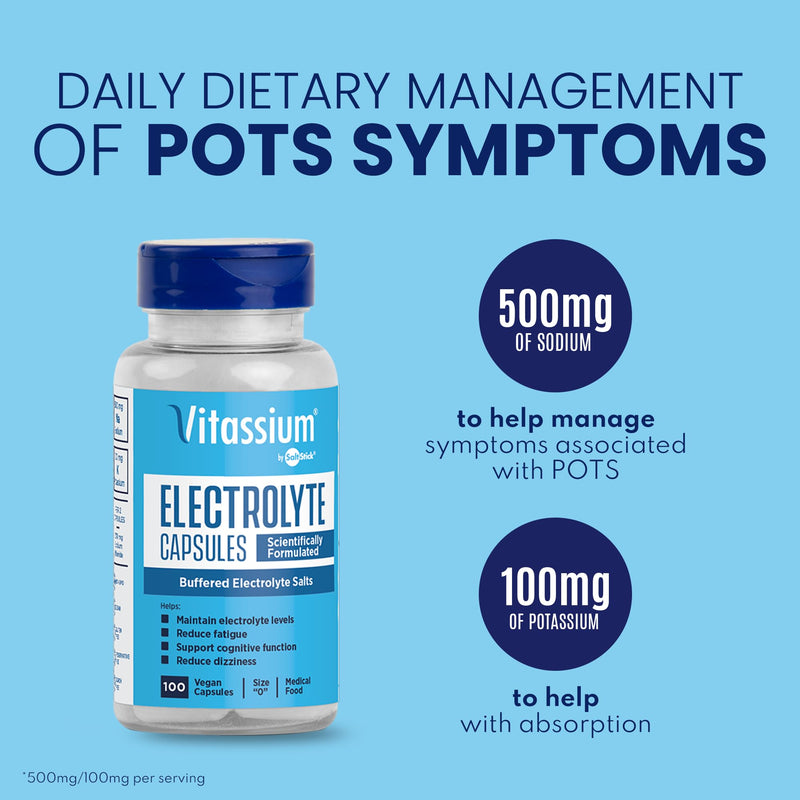 [Australia] - Vitassium Electrolyte Capsules, Electrolytes for Dietary Management of POTS Syndrome Symptoms (500mg Sodium - 100mg Potassium), Unflavored, 100 Buffered Salt Pills 100 Count (Pack of 1) 