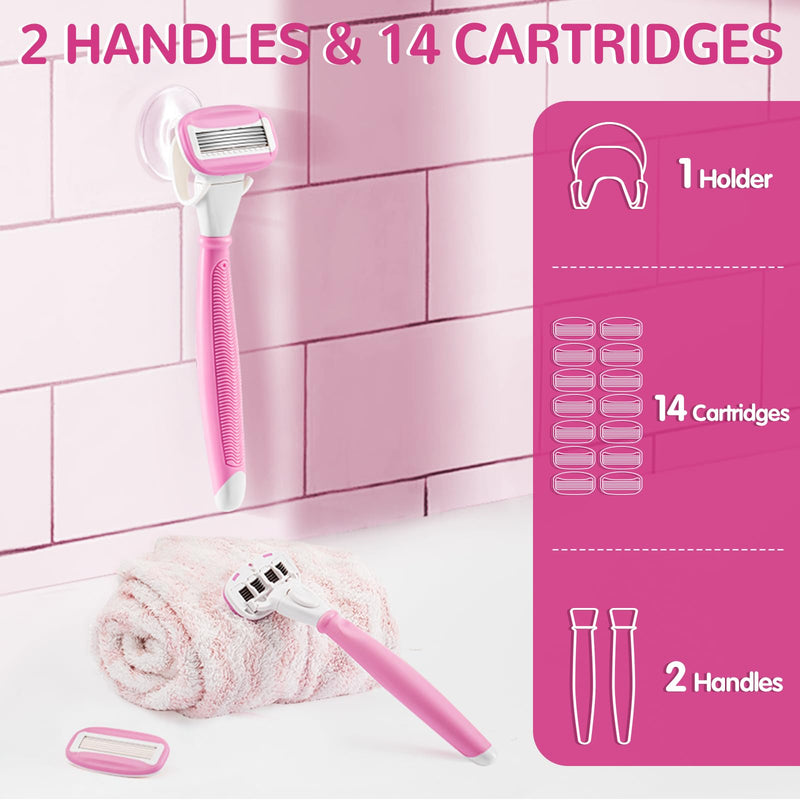 [Australia] - Razors for Women Include 2 Non-Slip Handles and 14 Blade Refills with a Shower Holder, 5 Premium Blades Women's Razors for Shaving with 360° Lubrication Reduces Irritation, Pink 