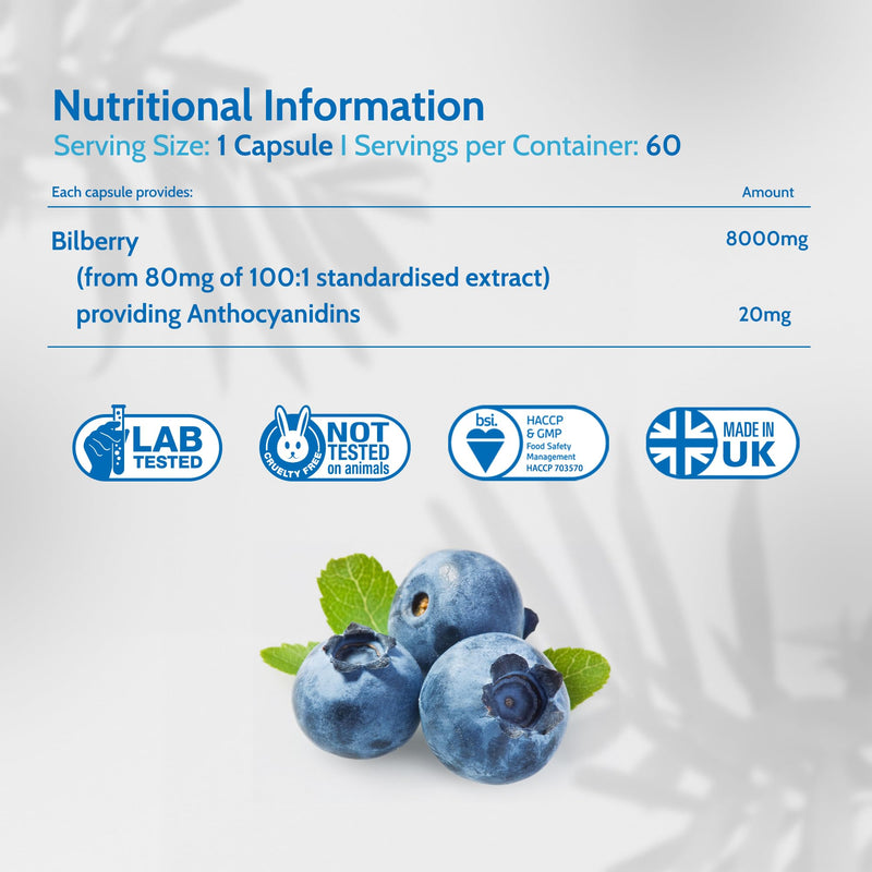 Health4All Bilberry Extract 8,000mg per Capsule, 60 Capsules 2 Months Supply, Pure High Strength Bilberry Eye Supplement, Antioxidant for Eye Health with Anthocyanidins, Easy to Swallow | Made in UK 60 count (Pack of 1)