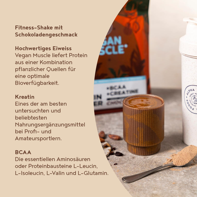 [Australia] - Vegan Protein Powder + Creatine + BCAA | Chocolate | 600g protein powder | Premium quality protein | Made in Germany | Alpha Foods 