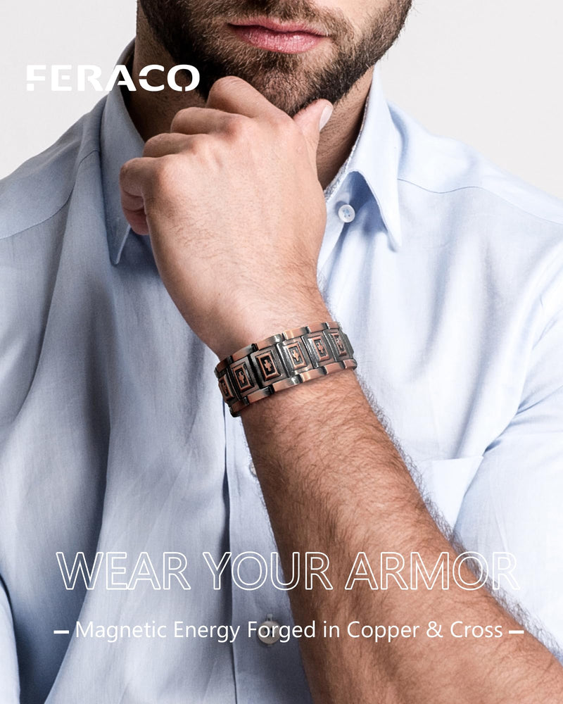 [Australia] - Feraco Copper Bracelet for Men 3X Strength,Magnetic Therapy Bracelet Copper Jewelry with Powerful 3800 Gauss Magnets Copper Cross Bracelet 