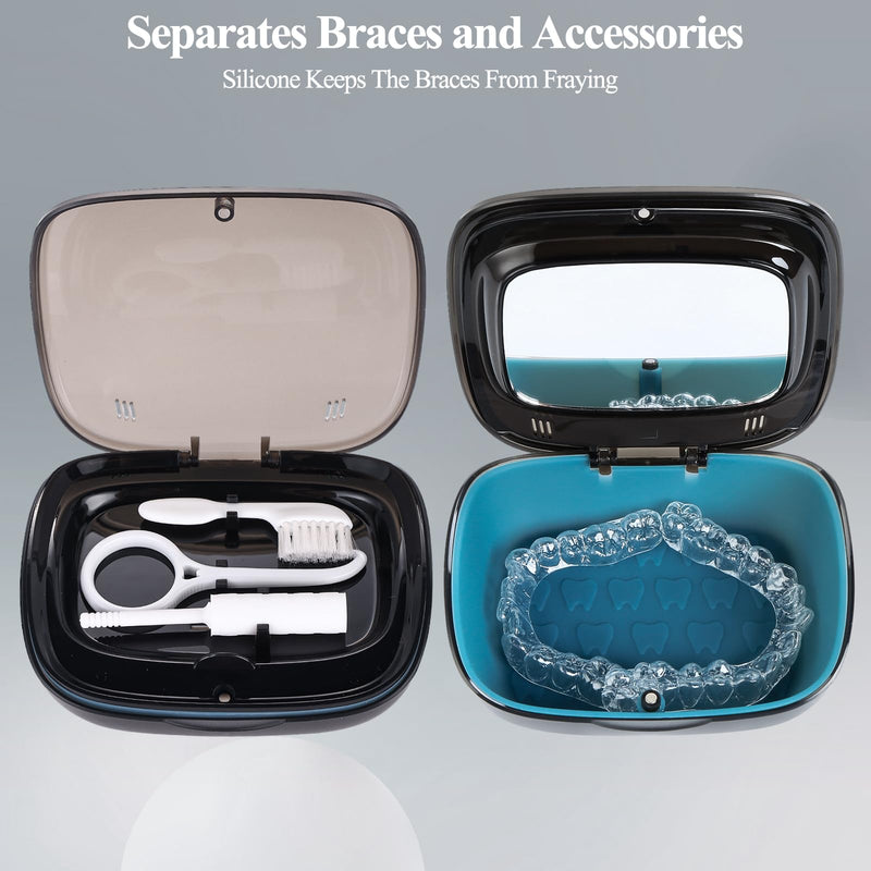 Double Layer Aligner Case Retainer Case With Mirror, Retainer Holder With Remover Tool And Cleaning Brush With Vent Holes Compatible With Aligner Case, Retainer Case,Orthodontic Supplies Case BLACK