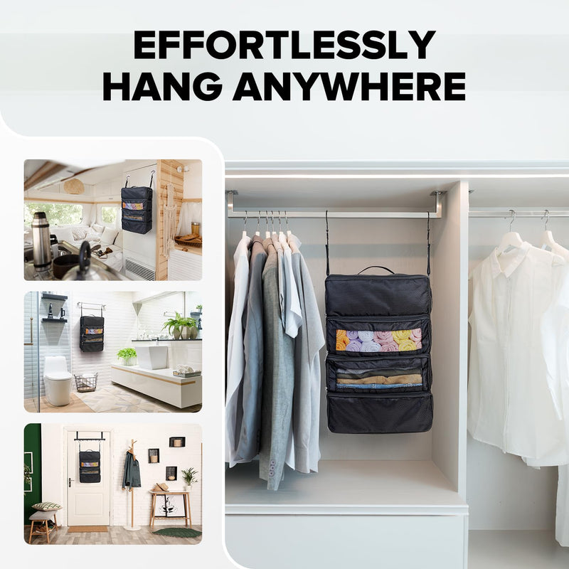 Vokelater Suitcase Organizer - Travel Luggage Organizer with Hanging Shelves & Packing Cubes - Collapsible, Portable, Carry-on, Medium, Black Black-M