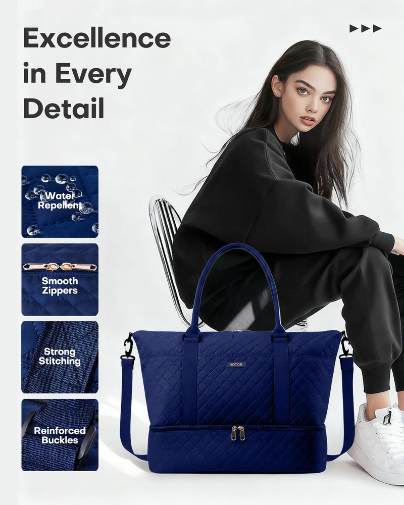 HOTOR Travel Duffel Bag - Weekender Bags for Women, Carry On Gym Tote Bags | with Toiletry Bag & Shoe Compartment, Overnight Bag for Travel Essentials, Travel Accessories, Dark Blue, 15.8"×18.1"×8.7" 15.8"×18.1"×8.7"