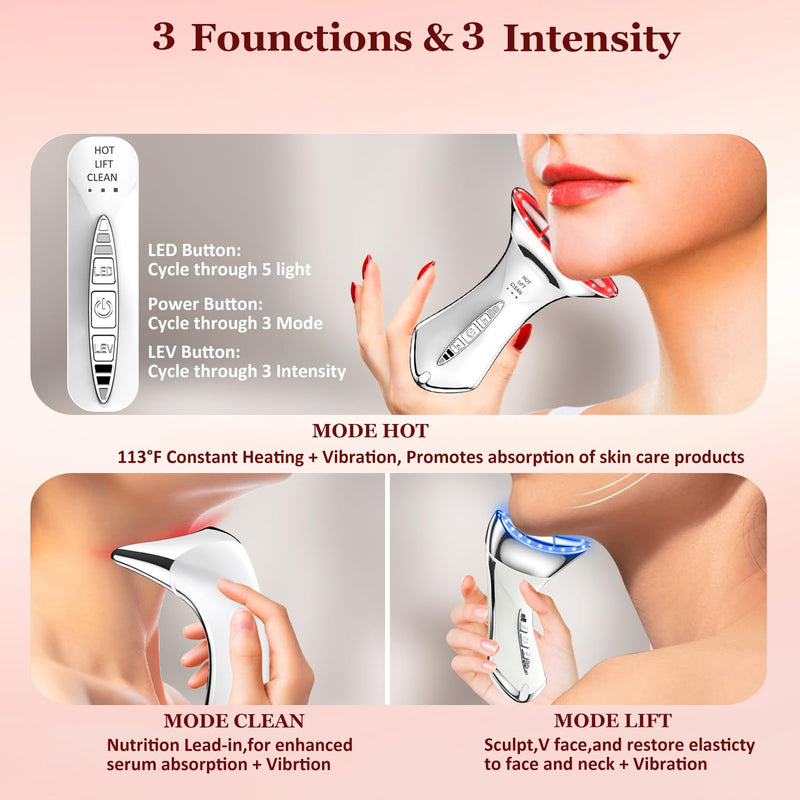 5-in-1 Red Light for Face and Neck，Face Neck Massager for Skin Care, Water Resistant Facial Sculptor Wand White-silver