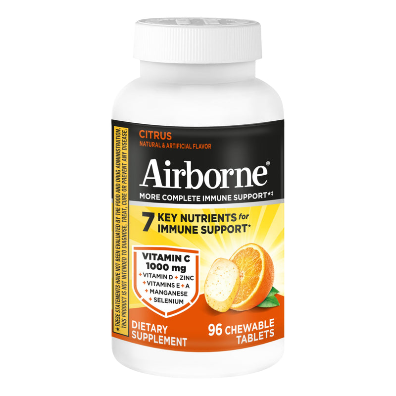 Airborne Vitamin C 1000mg (per Serving) - Citrus Chewable Tablets (96 Count in a Box) - Packaging May Vary | Antioxidants Vitamins A, D & E + Zinc, Selenium, and Manganese, Herbal Blend, Multivitamin Supplements, Immune Health, Tasty 96 Count (Pack of 1)