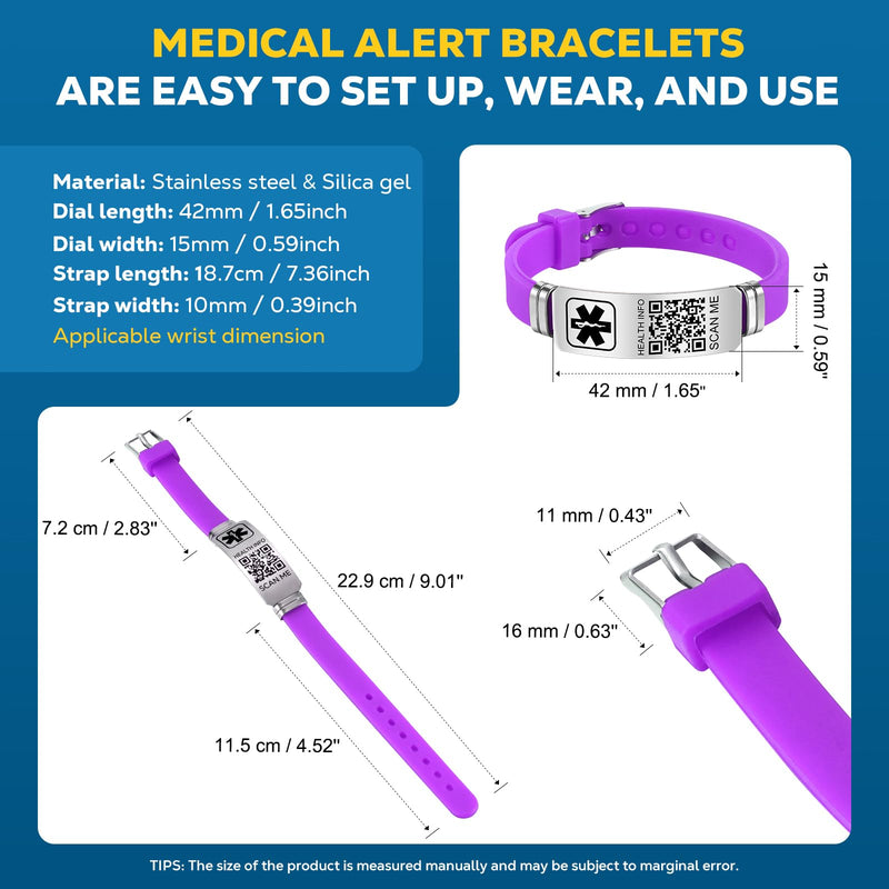 [Australia] - Medical Bracelets for Men Women with QR Code Medical Alert ID Bracelets Sport Boy Girl - Silicone Waterproof Wristband Fits Wrists Up to 9 inches - More Space Custom Emergency Medical ID Alert Information 9'' Folding Buckle+Adjustable dial - Purple 