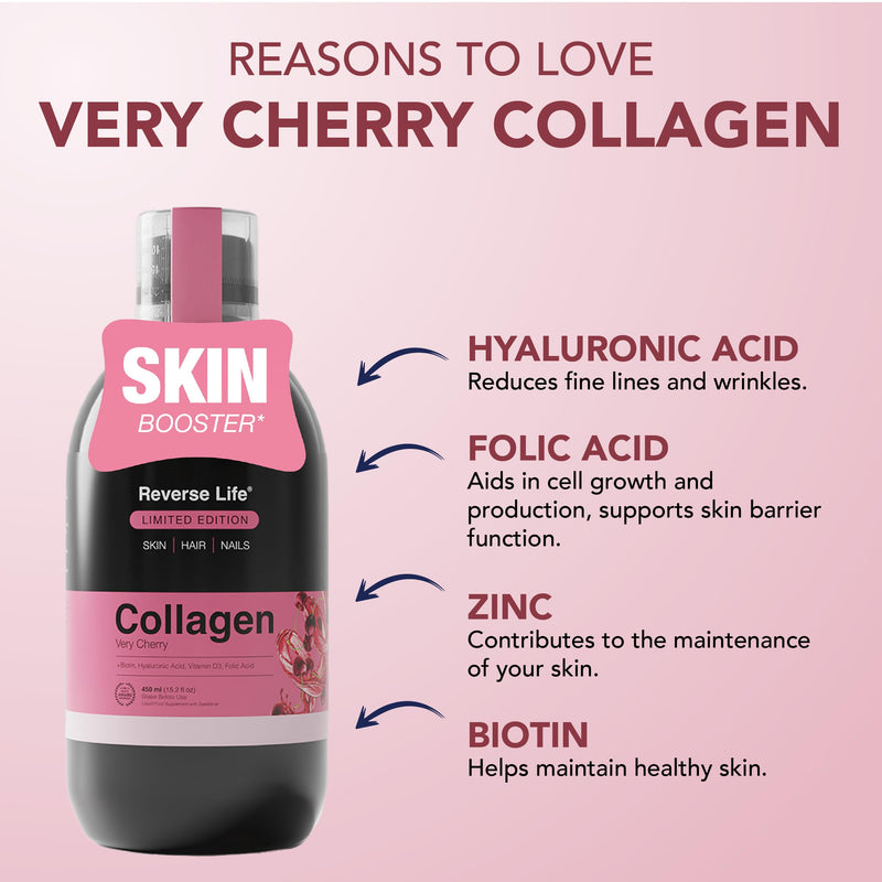 Reverse Life - Limited Edition Very Cherry Skin Booster - 5,000mg Hydrolysed Collagen with Biotin, Vitamin C, B12 & Folic Acid - 30-Day Dose - Collagen Supplements - 450ml 30 Day Supply