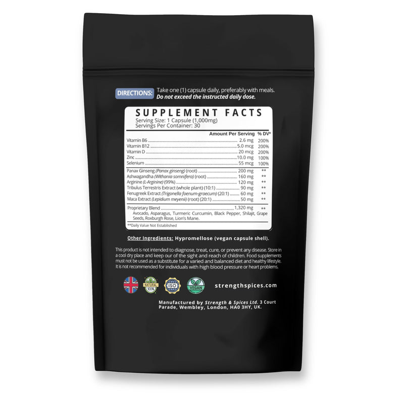 T-Boost 1000mg Men’s Performance & Recovery Formula – Natural Herbal Supplement with Ginseng, Maca, Ashwagandha – Supports Energy, Strength & Endurance – Vegan & UK Made – 30 Capsules