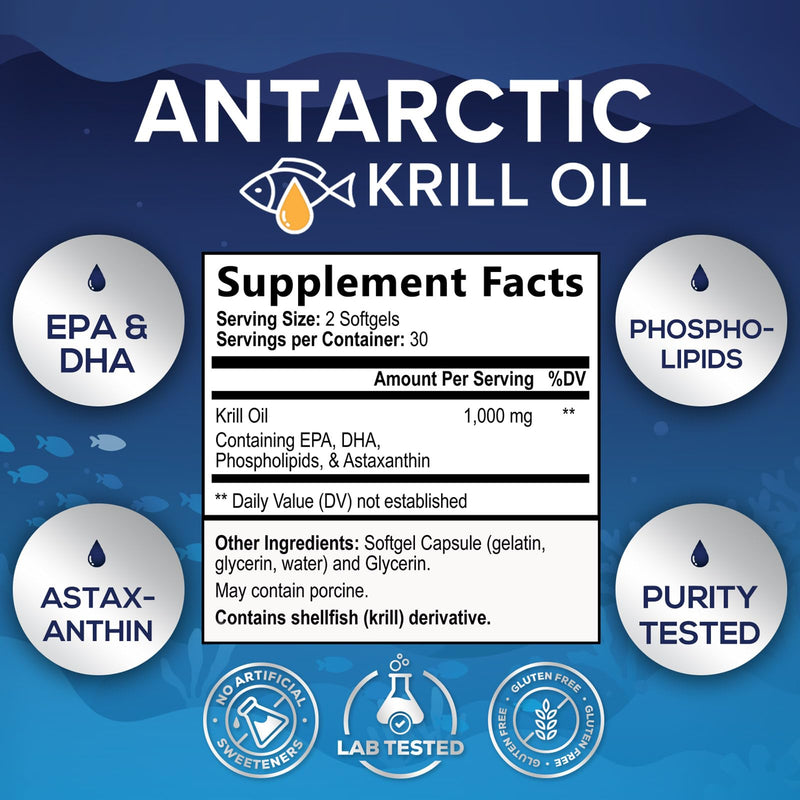 [Australia] - Krill Oil Omega 3 Supplement 1000 mg - Antarctic Krill Oil with Omega-3 EPA, DHA with Astaxanthin Sourced from Red Krill, Brain Health & Immune Support with Phospholipids - 30 Servings, 60 Softgels 60 Count (Pack of 1) 