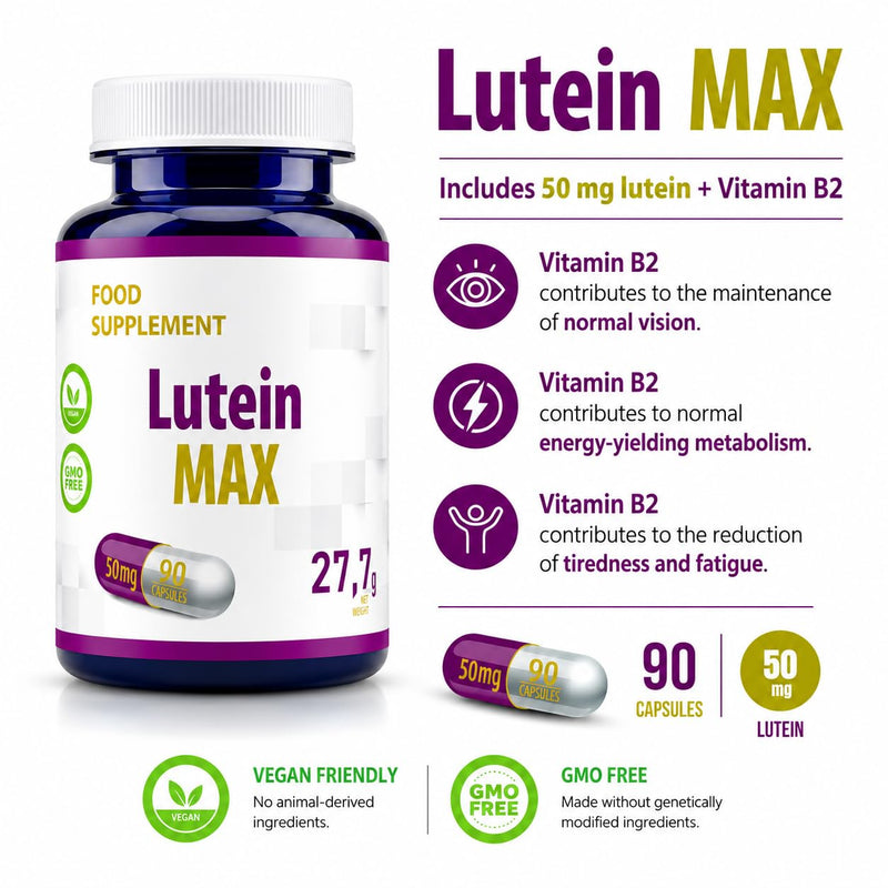 Hepatica Lutein 50mg with Vitamin B2 | Normal Vision Support | Marigold Extract | 90 Vegan Capsules | 3-Month Supply | 3rd Party Lab Tested