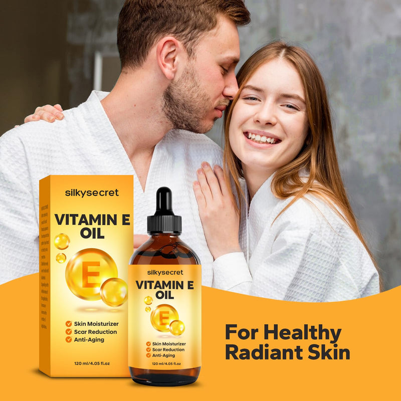 SilkySecret Organic Vitamin E Oil (4.05 Fl Oz), 50,000 IU Face and Body Moisturizer with Almond, Jojoba, and Rosehip Oils, Skincare & Face Moisturizer for Healthy Radiant Skin