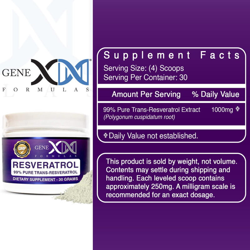 Genex Formulas Trans Resveratrol 1000mg Dose Powder Supplement, 30 Grams | 99% Pure Micronized Pharmaceutical Grade, 1 Gram Per Day 30-Day Supply, Made in a GMP & NSF Certified Facility