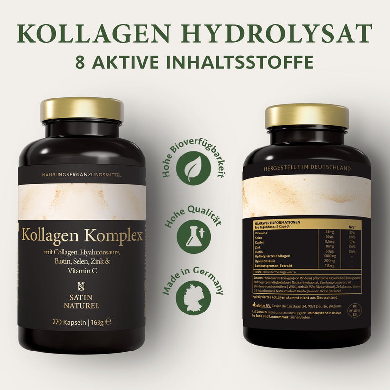 [Australia] - Hyaluronic collagen complex - 270 high-dose capsules - Enriched with biotin, selenium, zinc, vitamin C and bamboo extract for skin, hair and nails - Made in Germany - Satin Naturel 
