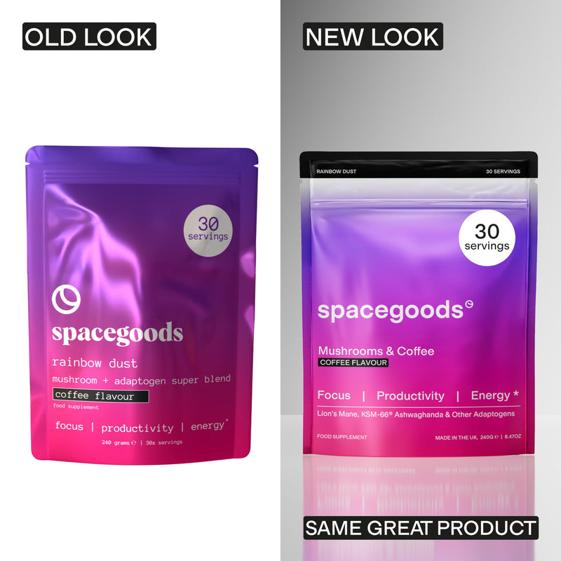 Spacegoods Rainbow Dust 240g | 30 Servings | Flavoured Mushroom Coffee | 120mg of Natural Caffeine | Lions Mane, Chaga, Ashwagandha & Vitamin B5| Sharper Focus, Energy & Calm | Coffee 240 g (Pack of 1)