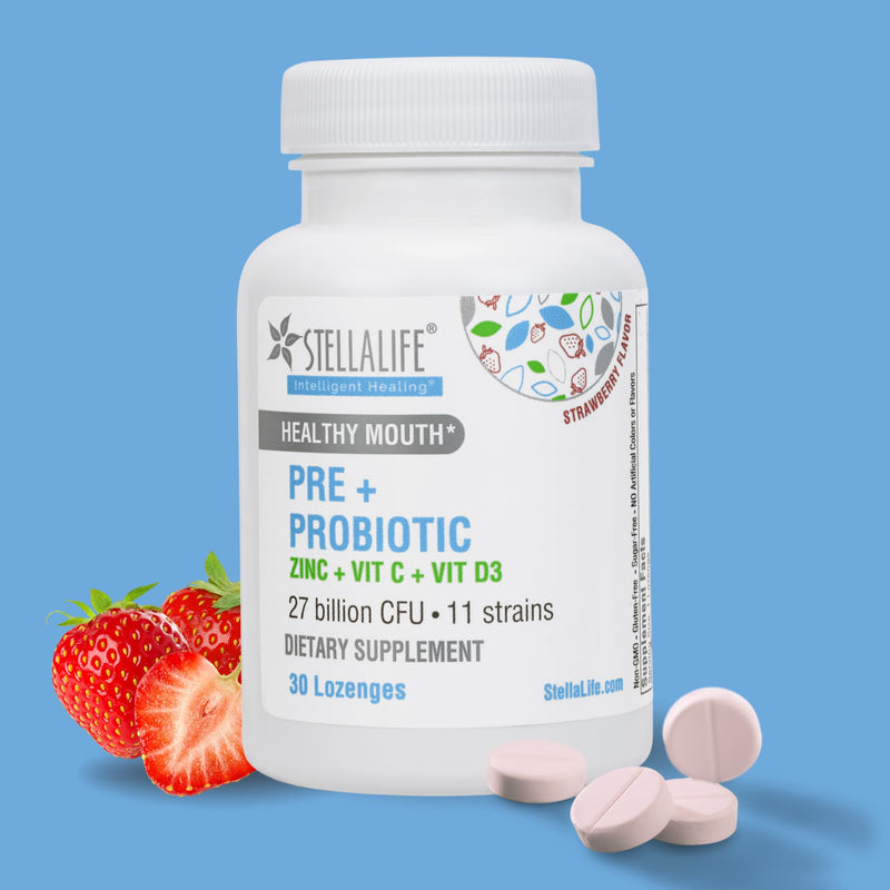 StellaLife Oral Prebiotic & Probiotic Lozenges for Teeth and Gums – 27B CFU, 11 Strains, Dental Probiotic for Bad Breath, Immune Support with VIT C, D3 & Zinc (Strawberry Flavor) 30 Day 30 Count (Pack of 1)