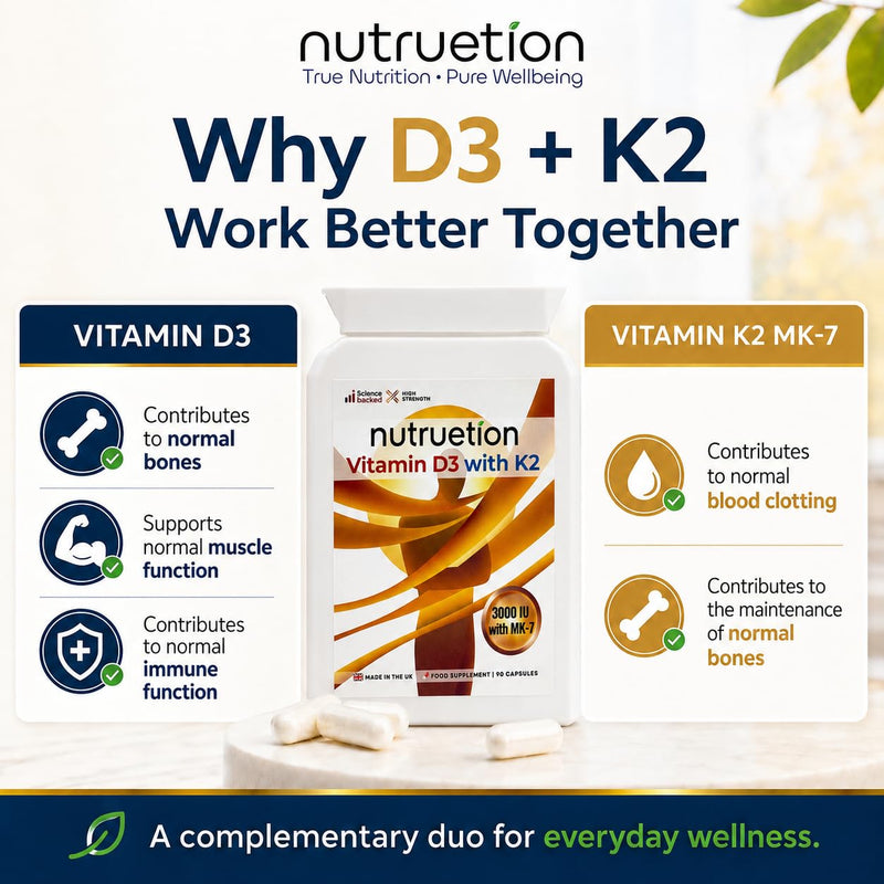 Vitamin D3 3000IU & K2 MK-7 100µg Capsules | High Strength D3 K2 Supplement for Bones, Immune & Muscle Support | 90 Vegetarian Capsules, UK Made, Non-GMO & Gluten Free