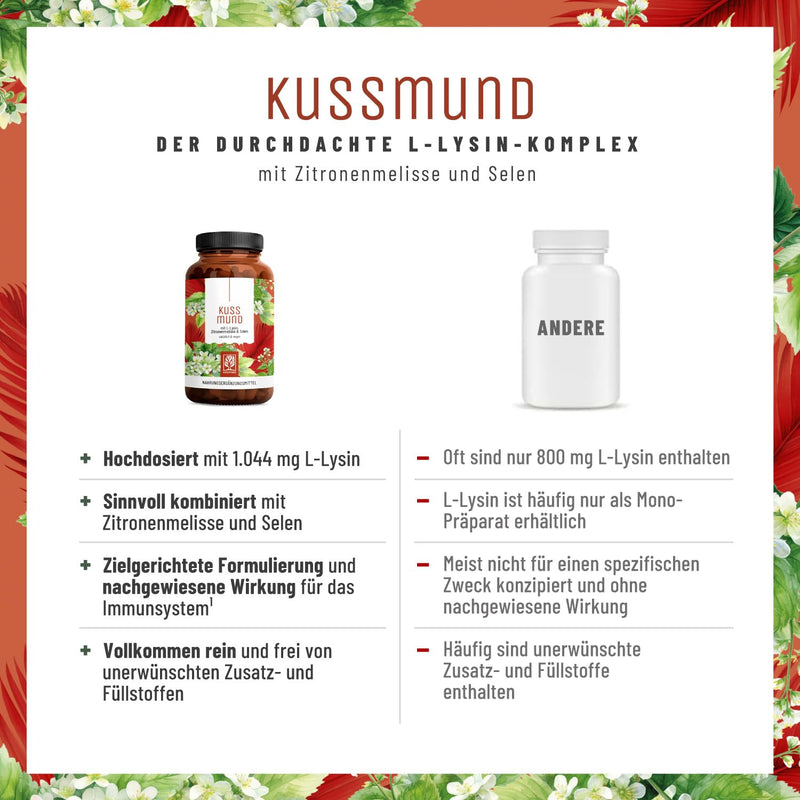 [Australia] - L-Lysine 1000 mg high dose - L-Lysine complex with lemon balm and selenium - High dose L-Lysine capsules - Naturtreu Kussmund vegan & laboratory tested 
