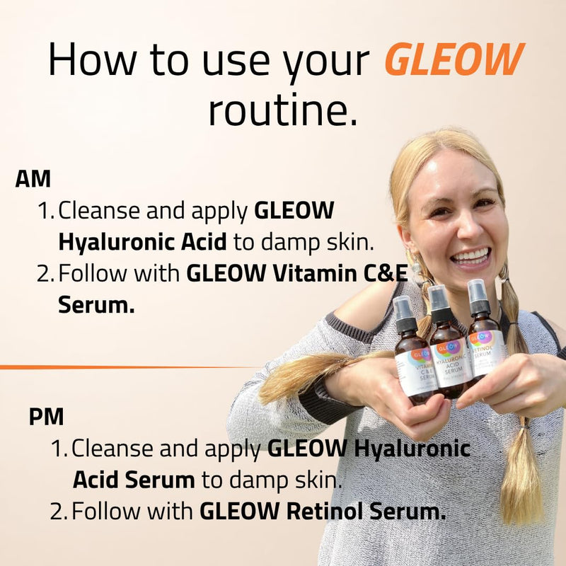 GLEOW Skincare Set: Retinol, Vitamin C, and 99% Hyaluronic Acid Serum, Face Serum Set Targets Appearance of Uneven Skin and Dryness, Total Package Serum Set 3x2 oz Combo pack 2oz