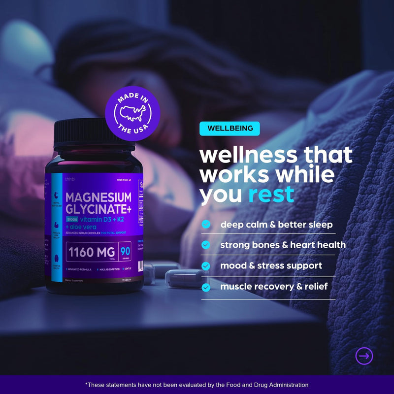 [Australia] - Magnesium Glycinate 1160mg + Aloe Vera, D3 & K2 Complex 90 Capsules - High Absorption, Non-Laxative - Supports Healthy Stress Response, Muscle Function & Healthy Metabolism Chelated Formula 