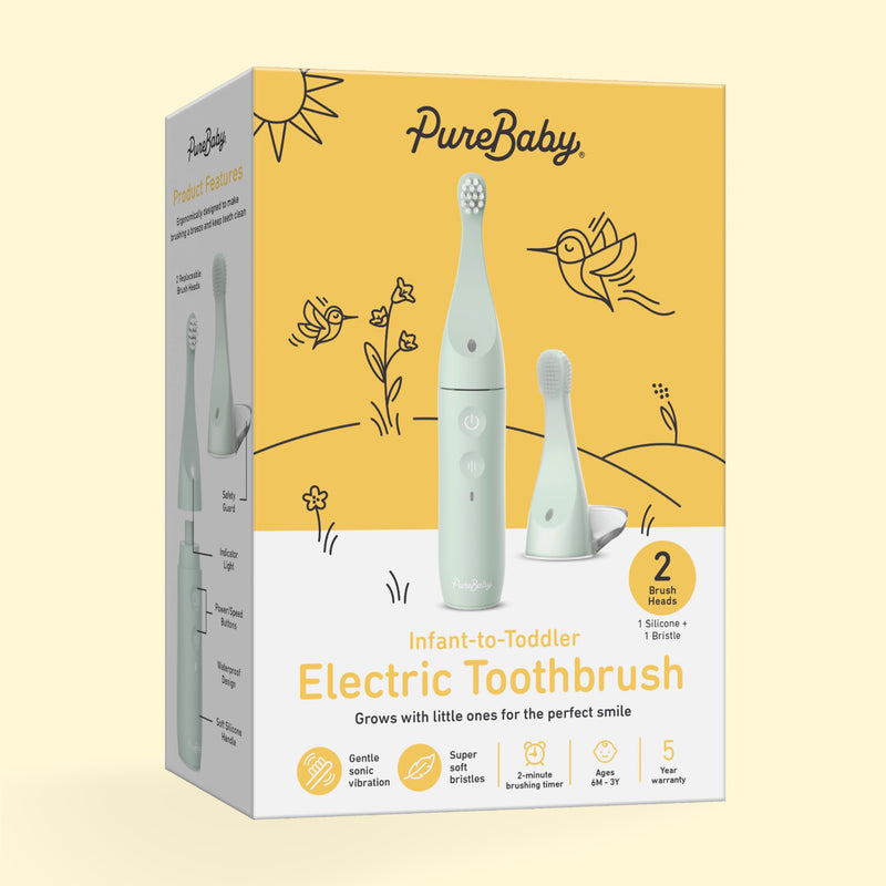 Pure Enrichment PureBaby Infant-to-Toddler Electric Toothbrush - Waterproof Baby & Toddler Toothbrush with Silicone & Bristle Heads, Sonic Vibration, & Timer - Ages 6 Mo-3 Yrs (Sage Green)
