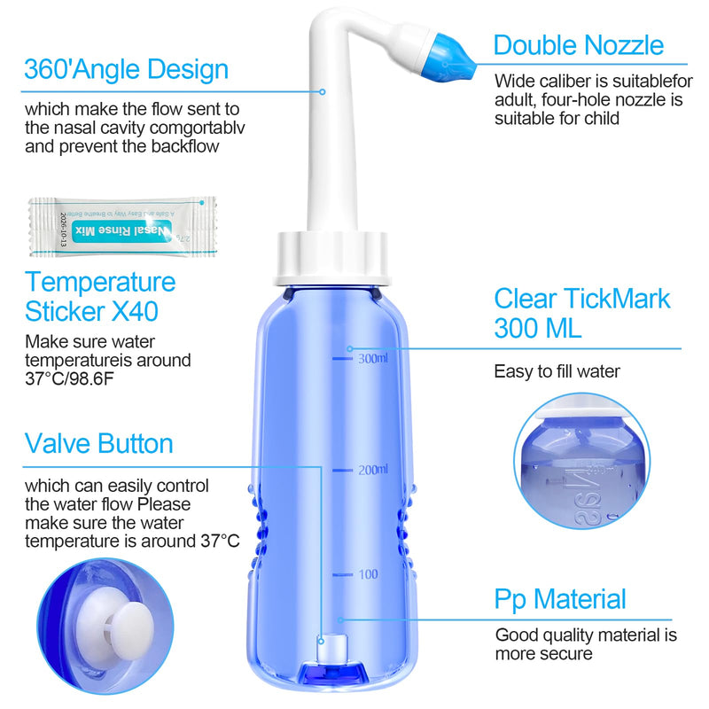 [Australia] - Rseuphiee nasal shower, 300 ml nasal rinse with 40 salt bags, nose cleaning and sinus care, nasal rinse salt for adults and children, nasal rinse for nasal cleansing for colds and allergies, BPA-free. 