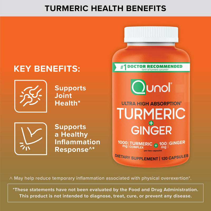 [Australia] - Qunol Turmeric and Ginger Capsules, 1000mg Turmeric Supplement, Ultra High Absorption to Support Joint Health, #1 Doctor Recommended Form of Turmeric Curcumin, 120 Count (Pack of 1) 120 Count (Pack of 1) 