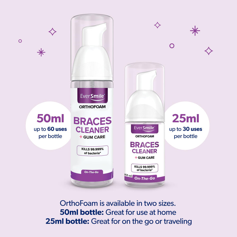 EverSmile OrthoFoam Braces Cleaner — Travel Size – Brushable Foam Whitens Teeth, Eliminates Bacteria, Fights Plaque and Bad Breath – Cleans Under Metal, Ceramic, Clear Brackets and Wires – 25ml(2 Pk) 0.85 Fl Oz 2 Pack