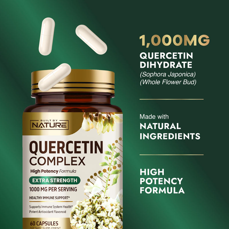 Built by Nature Quercetin 1000mg, 60 Veggie Capsules High Potency Quercetin Dihydrate, Antioxidant Flavonoid, Immune, Respiratory and Allergy Support, Non-GMO, Gluten-Free