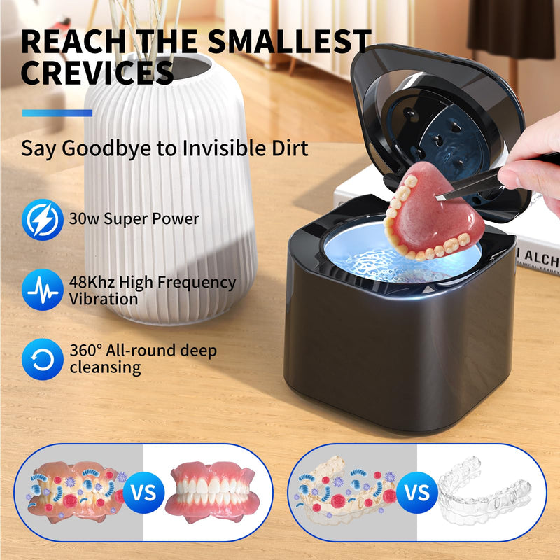 [Australia] - Ultrasonic Retainer Cleaner, 48kHz Retainer Cleaner Machine for Dentures, Night Mouth Guards, Jewelry, Aligner, Braces, 30W Dental Cleaning Pod with Digital Timer, 180ML, Dual Cleaning Mode 
