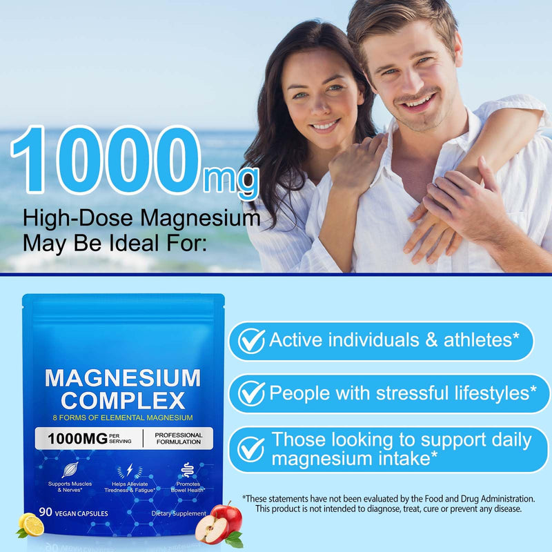 Magnesium Complex 8-in-1,1000mg High Potency with 8 Essential Forms, Vegan Capsules for Muscle, Nerve & Bowel Support, Relief Fatigue,90 Capsules