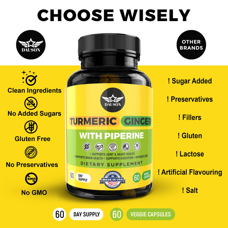 Turmeric Curcumin Supplement - 95% Curcuminoids with Ginger, 95% Piperine, Vitamin C, D3 & Zinc - Natural Vegan Herbal Supplement for Gut, Immunity – 60 Capsules 60 Turmeric Capsules