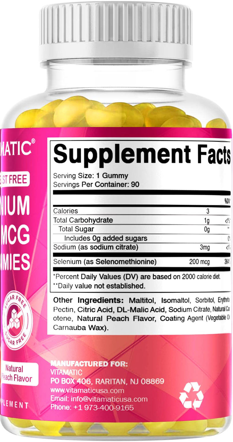 [Australia] - Vitamatic Yeast Free Selenium Gummies 200mcg as Selenomethionine Supplement Essential Trace Mineral with Superior Absorption 90 Pectin Based Gummies Peach 90 Count (Pack of 1) 