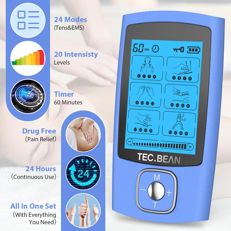 [Australia] - 24 Modes Tens Unit Muscle Stimulator, Rechargeable Tens Machine with 8 Electrode Pads (American Gel), Electric Pulse Massager for Pain Relief Therapy（Blue） B-blue 