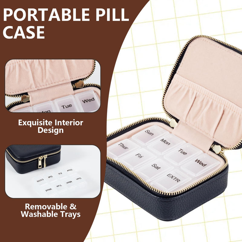 Portable Leather Weekly Pill Organizer | 7-Day Travel Pill Case with Removable Daily Insert – for Vitamins, Medication, Fish Oil & Supplements, Black