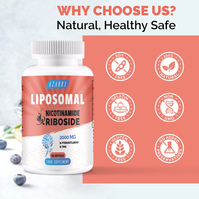 Liposomal Nicotinamide Riboside 2000mg with TMG and Pterostilbene | More Efficient Than Precursors, Boost NAD+ (60 Count (Pack of 2)) 60 count (Pack of 2)