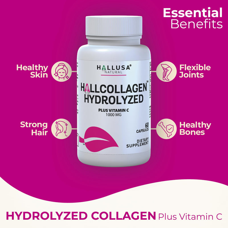 Hallusa Natural Hydrolyzed Collagen Capsules 1000mg with Vitamin C - Anti Aging Supplement for Skin, Hair, Nails & Joint Support - Cólageno hidrolizado - Pastillas de colágeno - 60 Capsules