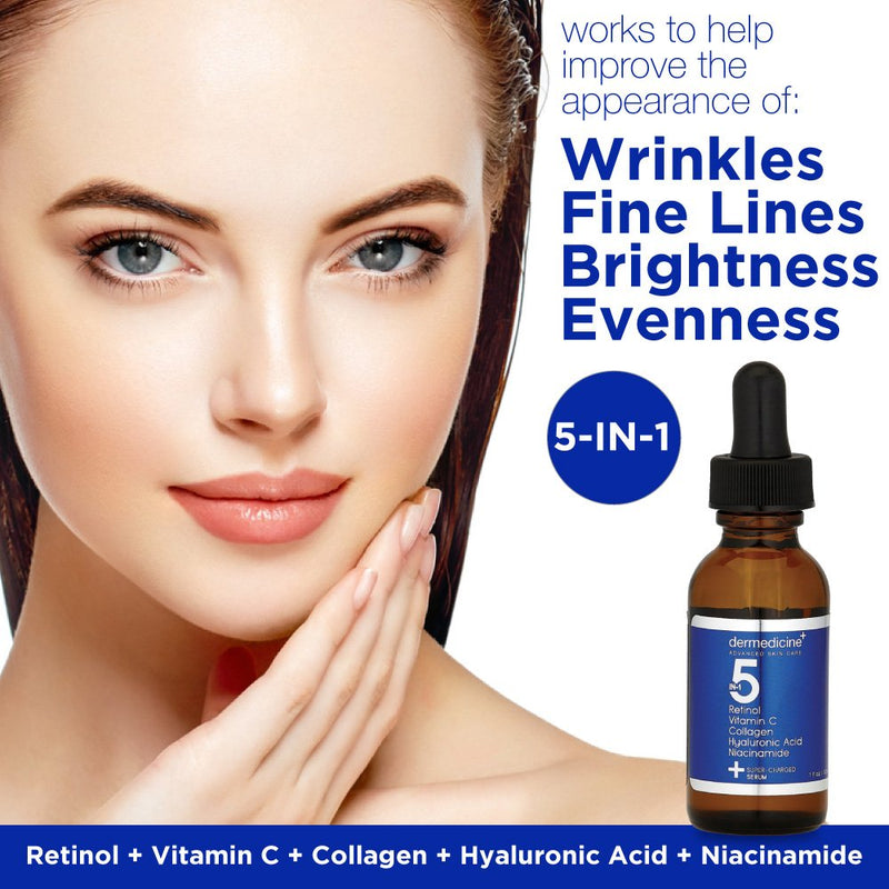 5 in 1 Face Serum with Retinol, Vitamin C, Collagen, 1 fl oz / 30 ml | Also with hyaluronic acid and niacinamide, may help improve the appearance of fine lines and dark spots 1 Fl Oz (Pack of 1)