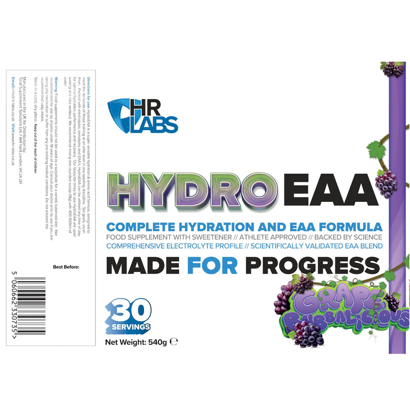 HydroEAA, Complete Hydration & EAA Essential Amino Acid Formula, with Comprehensive Electrolytes Profile, 540g, 30 Servings, 4 Flavours (540g, Grape Bubbalicious)