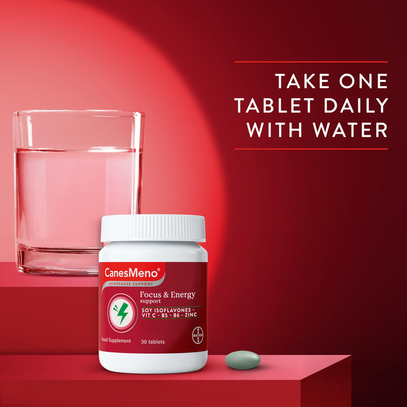 Menopause Support Focus & Energy Support 30 Tablets, containing Vitamin C, B5, B6 and Zinc.
